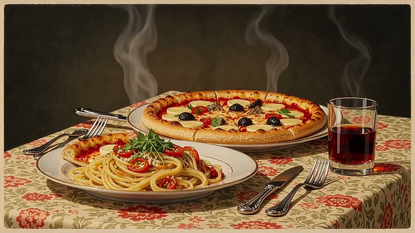 Nature morte publicitaire rétro Showa : pizza et pâtes — AI video creation