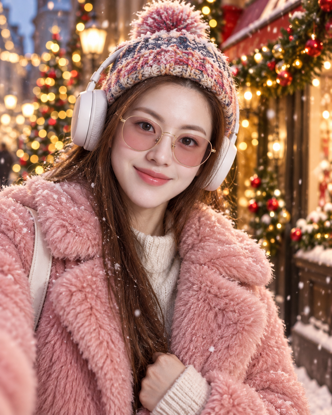 Chân dung đường phố ngày lễ dưới tuyết với áo khoác lông màu hồng