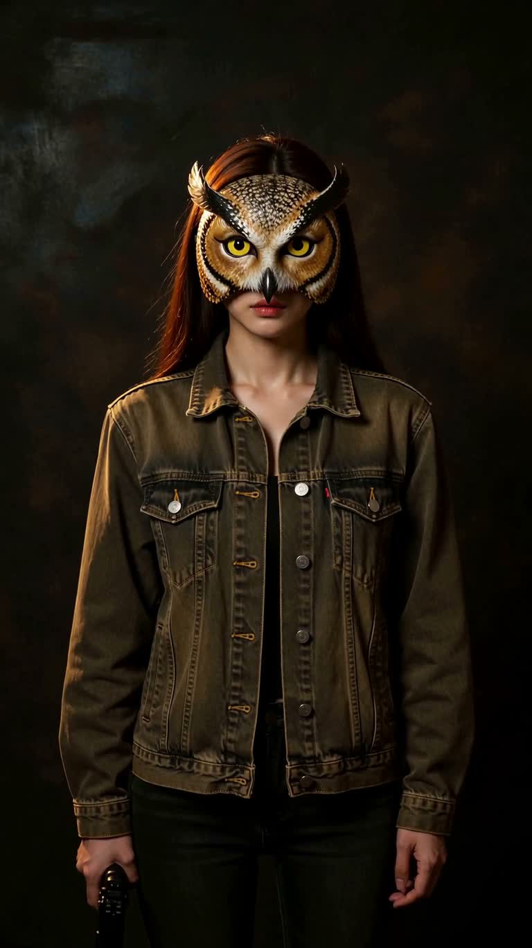 Portrait intimidant sous un masque de hibou — AI video creation
