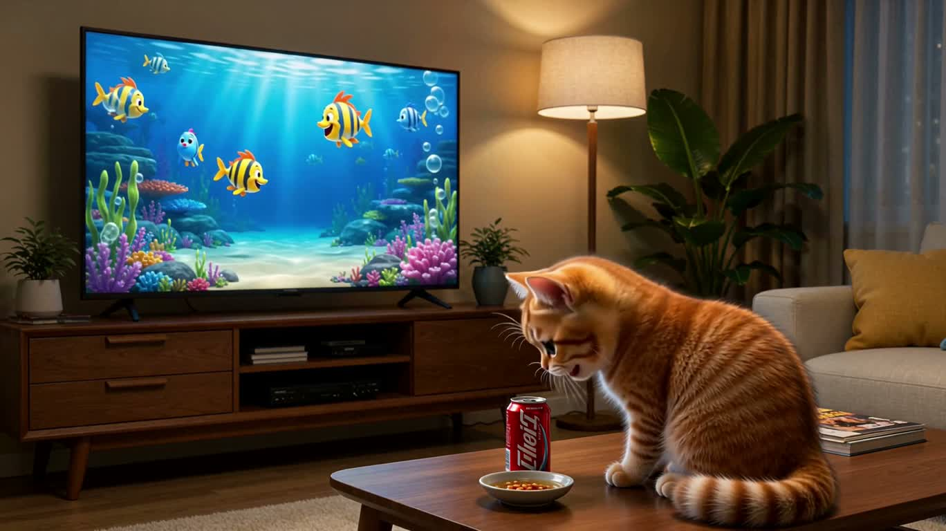 小猫看电视喝饮料 — AI video creation