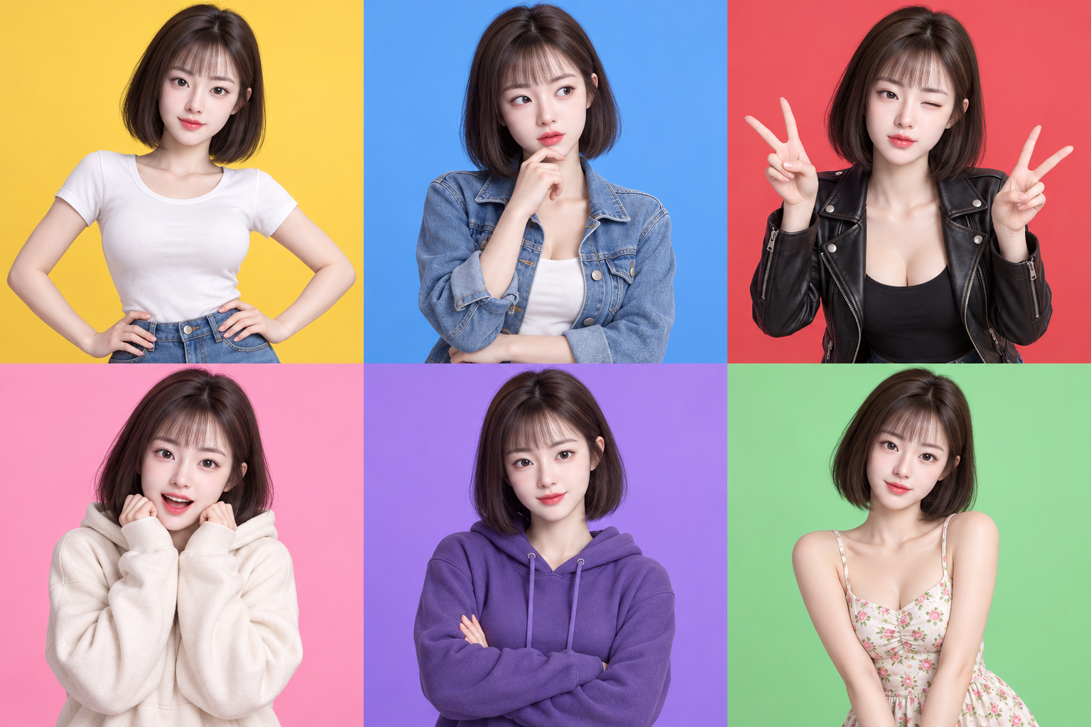 六格3D成年角色服装与情绪设定页 — AI image creation