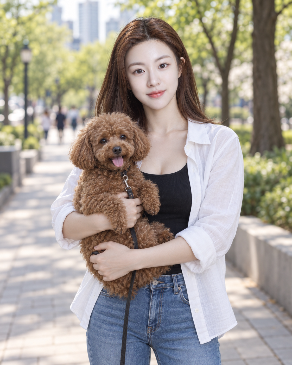 Người phụ nữ ôm chú chó lông xoăn màu nâu đỏ trong công viên thành phố