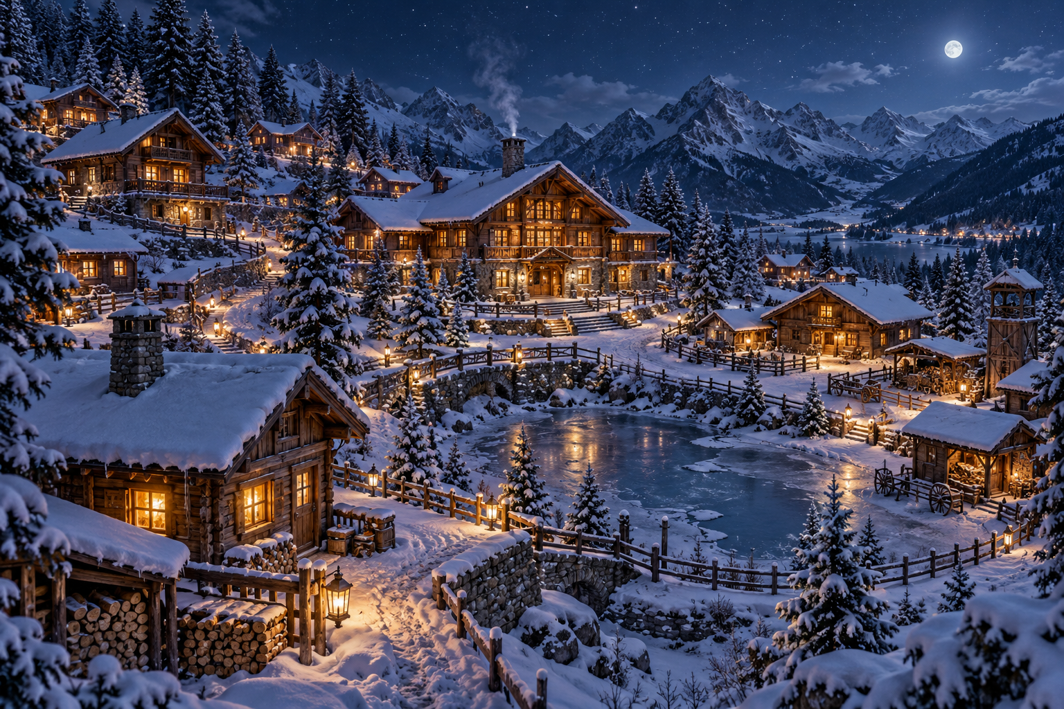 雪夜高山木屋村庄的温暖灯光 — AI image creation