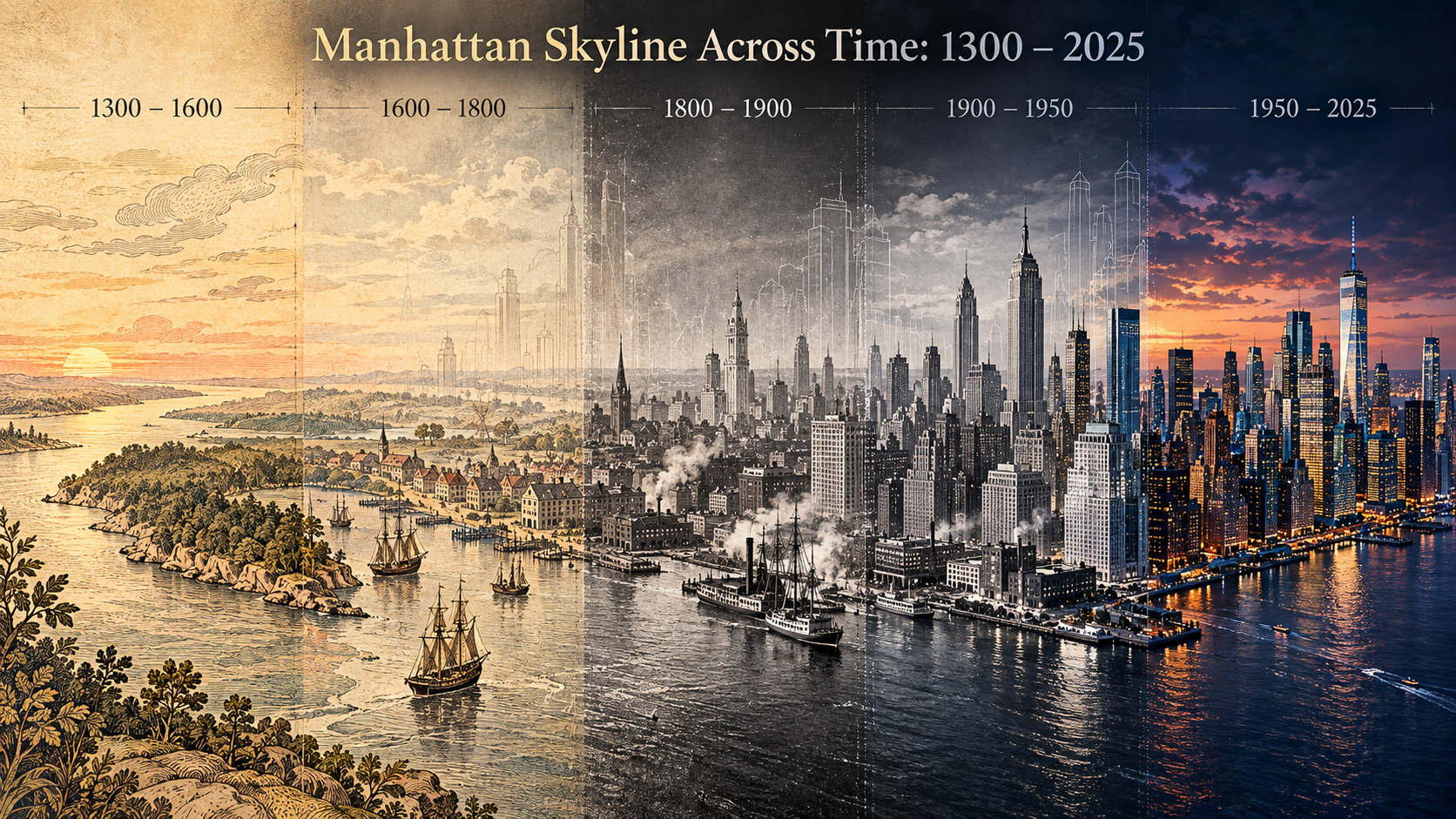 曼哈顿天际线1300至2025跨时代三联画 — AI image creation
