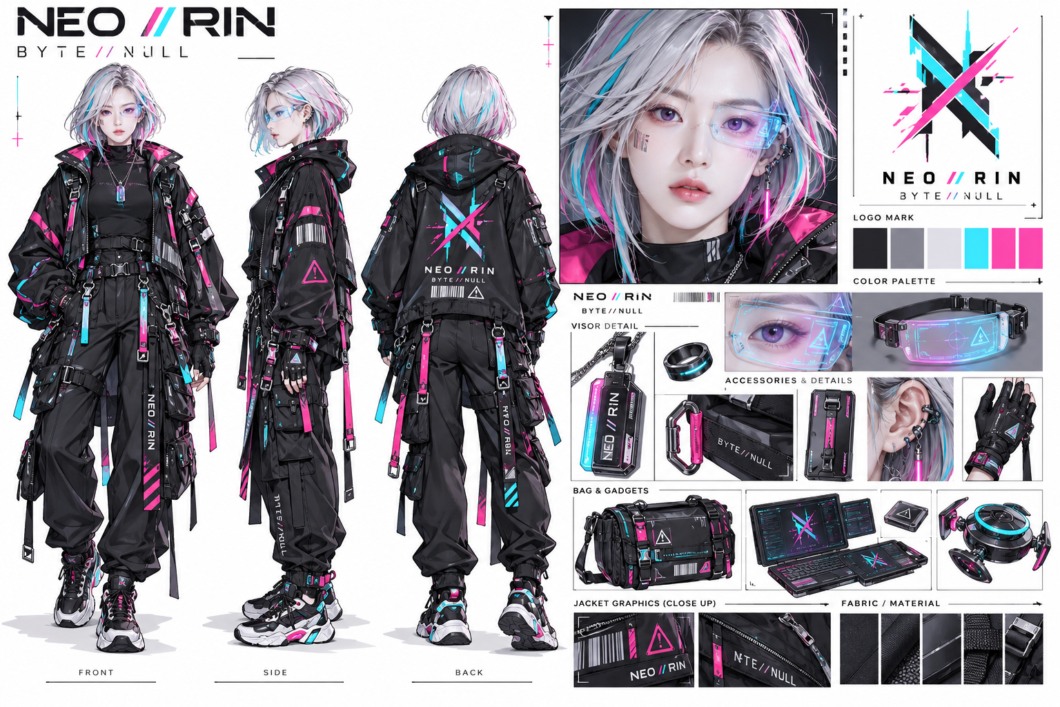 赛博朋克天才黑客少女角色设计表 — AI image creation