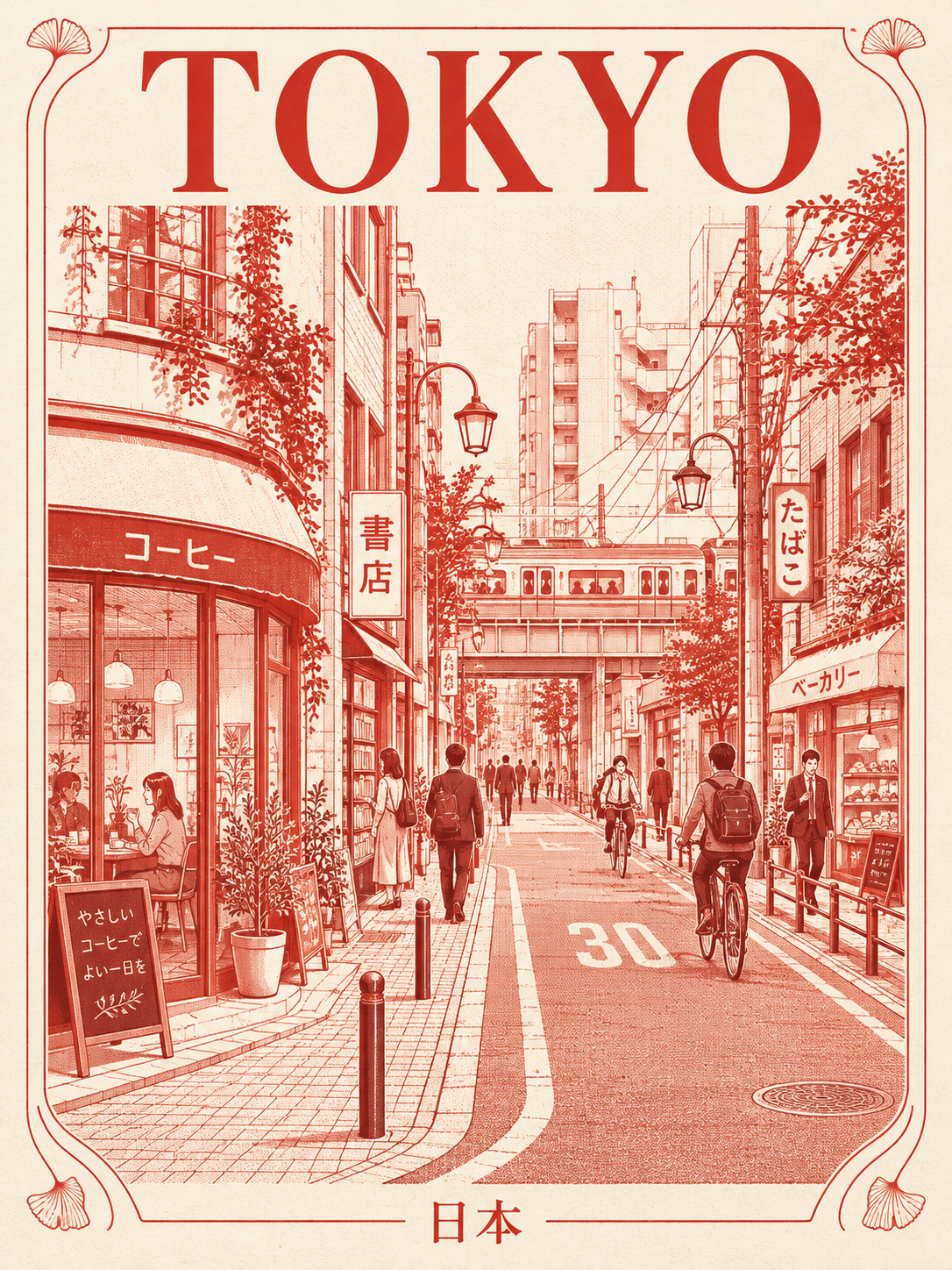 东京日常街景双色线描旅行海报 — AI image creation