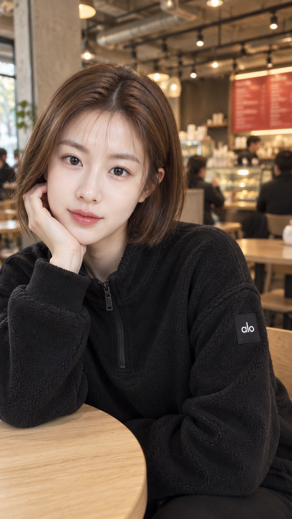 따뜻한 조명의 카페에서 턱을 괴고 카메라를 똑바로 바라보는 성인 여성