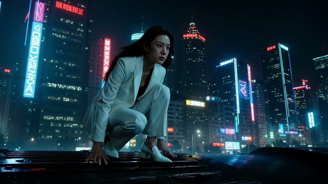 霓虹夜城:白衣女侠的突围 — AI video creation