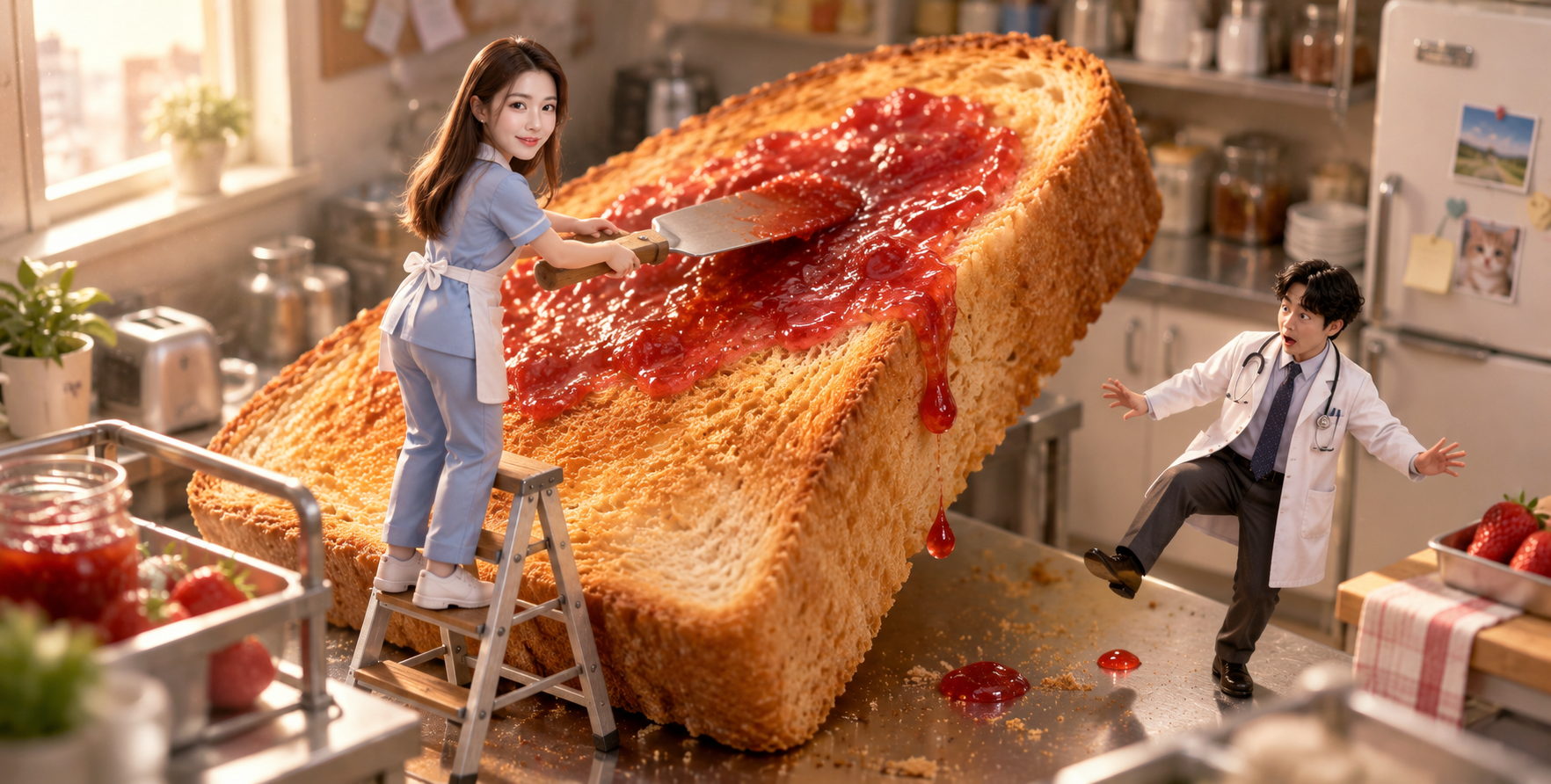 微缩医院厨房中的巨型吐司与草莓酱 — AI image creation