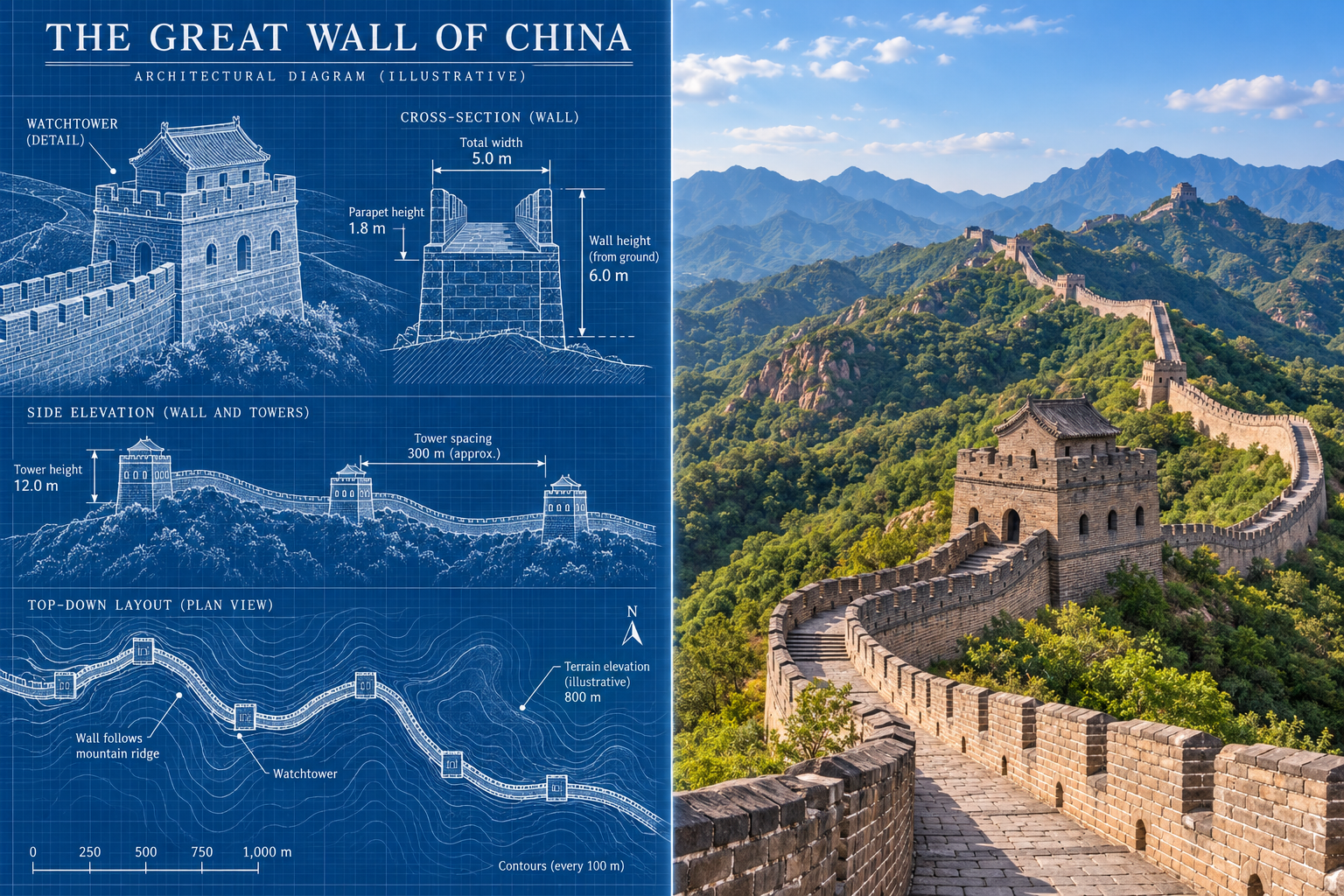 蓝图与实景交织的巍峨长城 — AI image creation