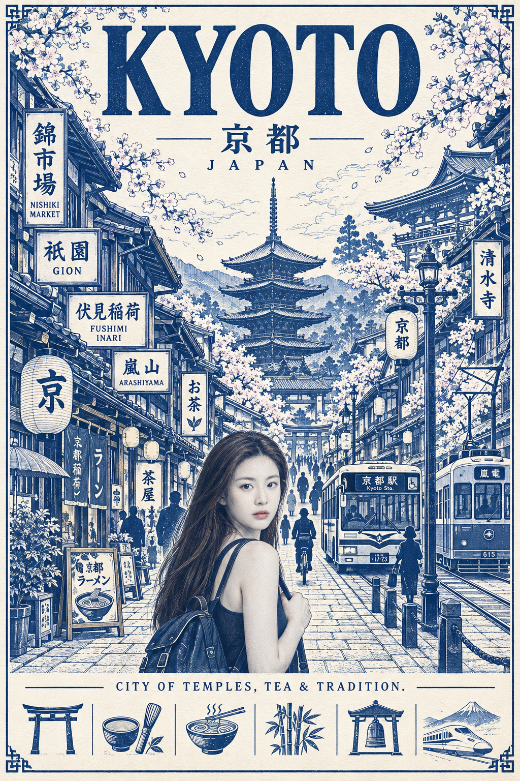 京都蓝白建筑风格旅游海报 — AI image creation