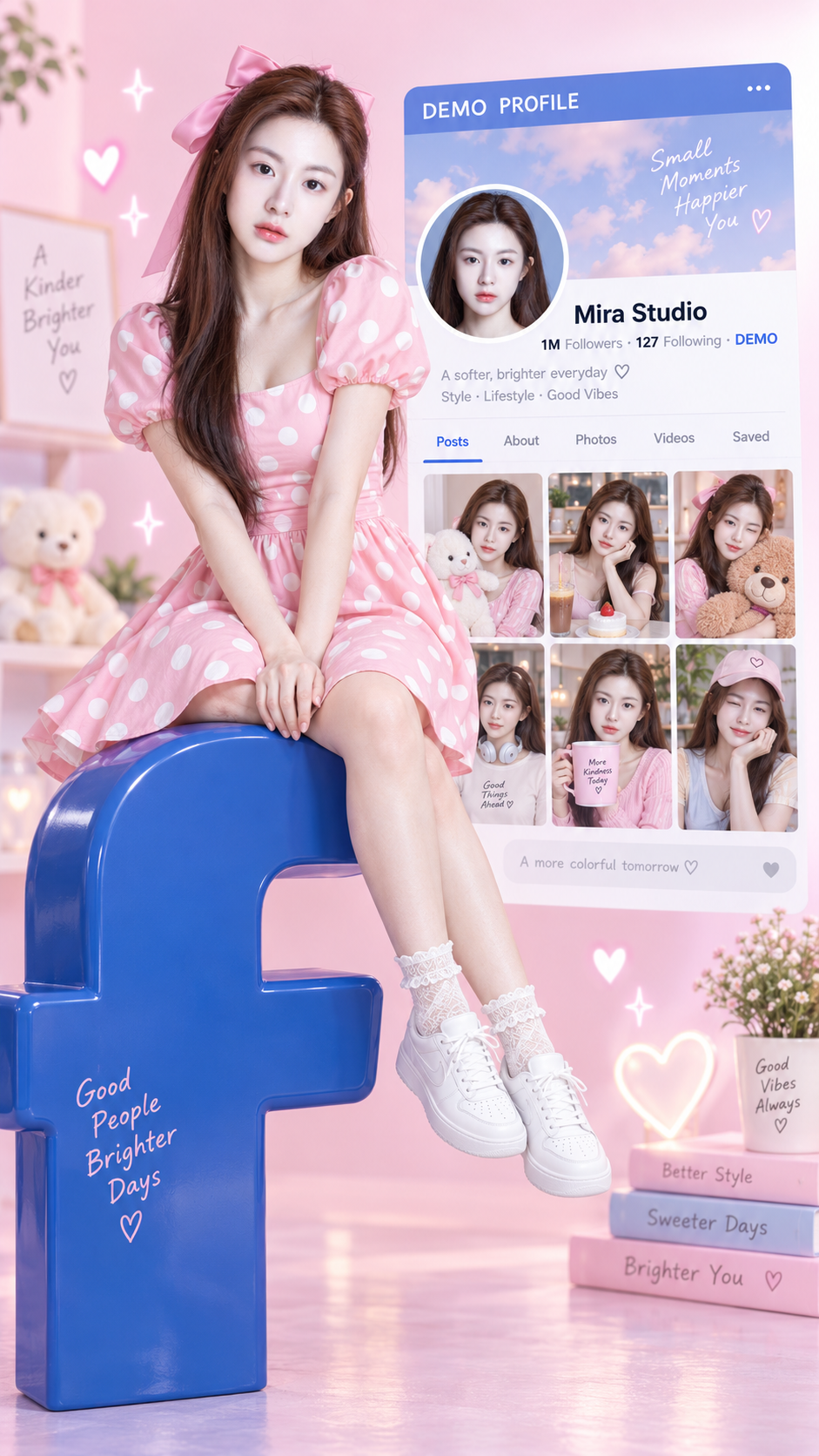 입체적인 파란색 F 로고 위에 앉은 성인 여성의 핑크 소셜 프로필 포스터
