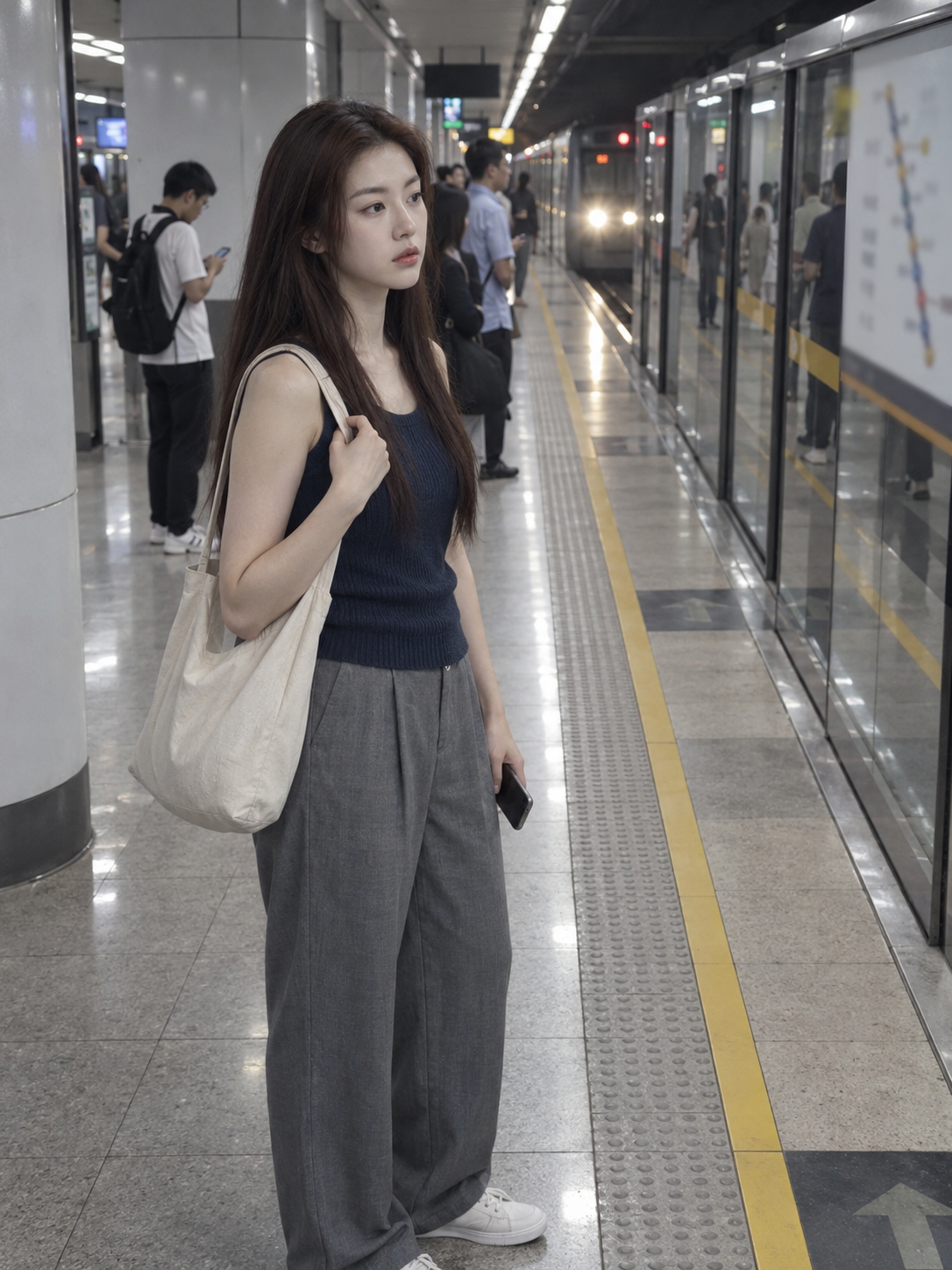 Ảnh chụp đường phố người phụ nữ châu Á trưởng thành đợi tàu trên sân ga tàu điện ngầm