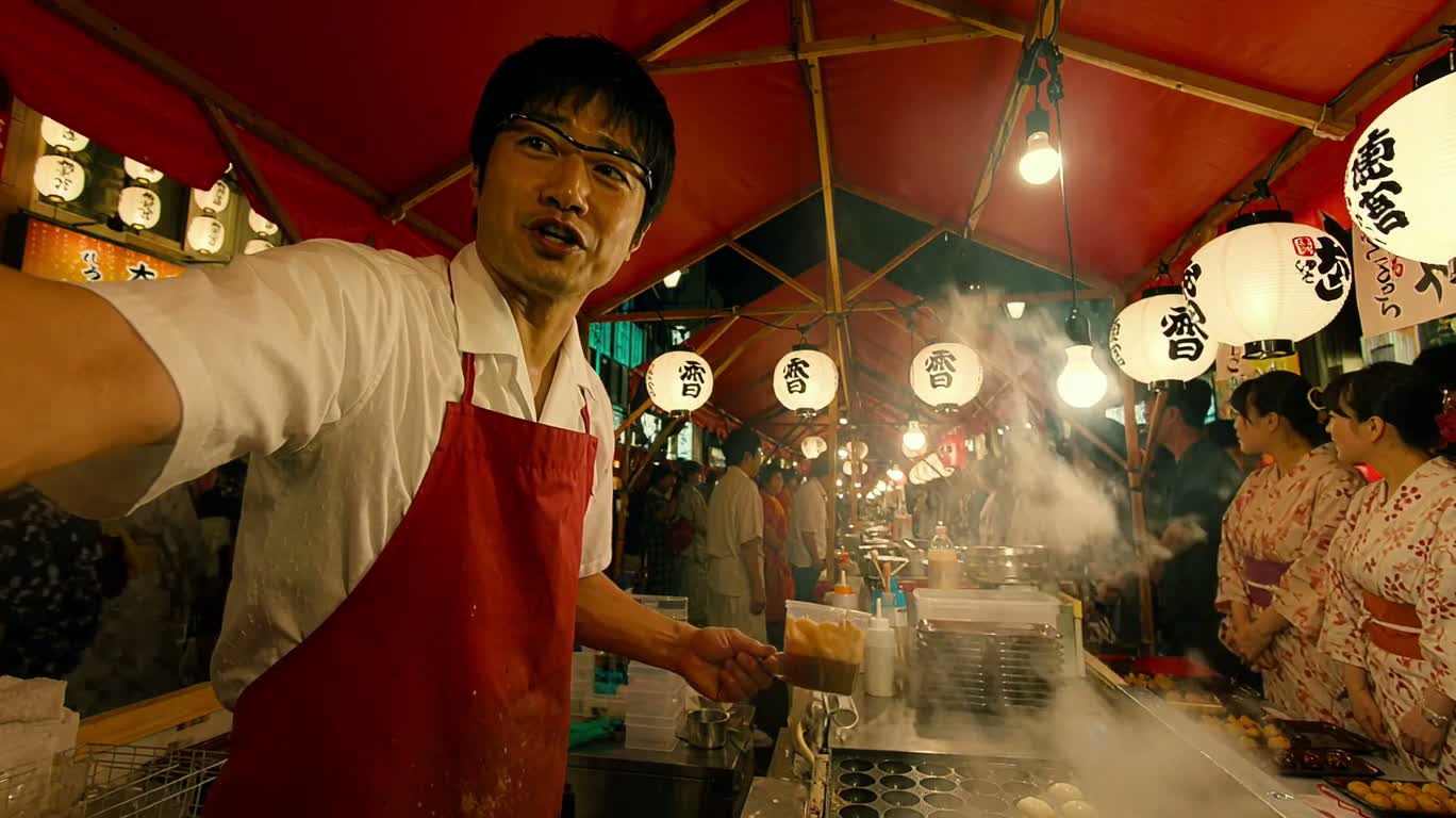 夏夜祭典章鱼烧摊的热烈蒙太奇 — AI video creation