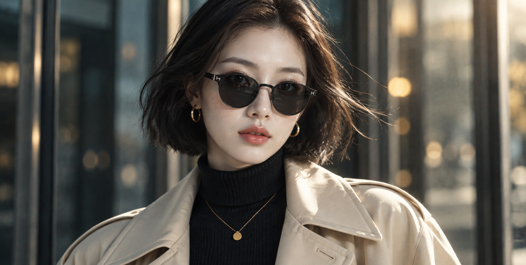 青橙电影调都市风衣成年女性特写 — AI image creation