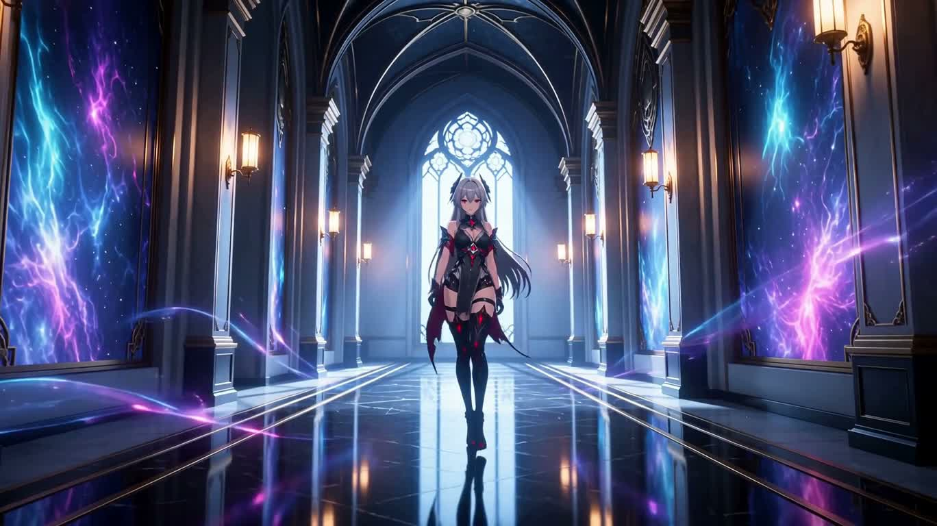 赤眸银发的暗影女战士 — AI video creation