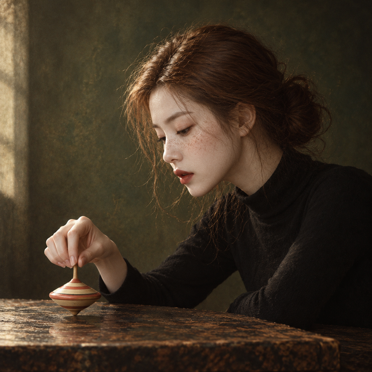 橄榄绿背景下凝视木陀螺的成年女性 — AI image creation