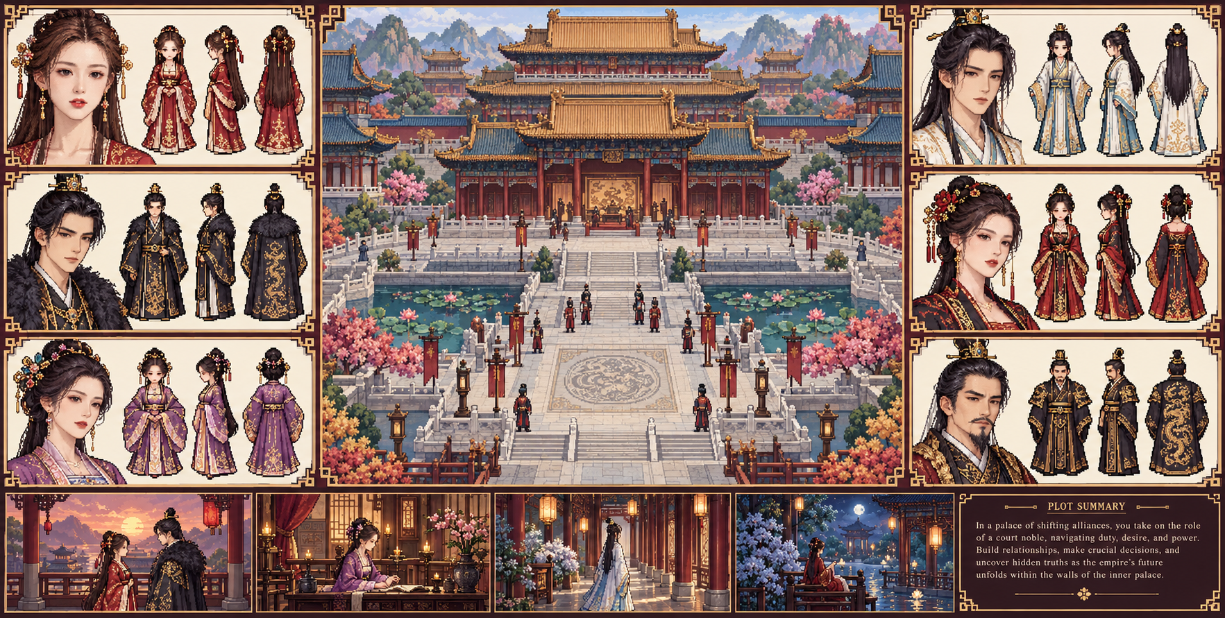 宫廷像素养成游戏概念图 — AI image creation