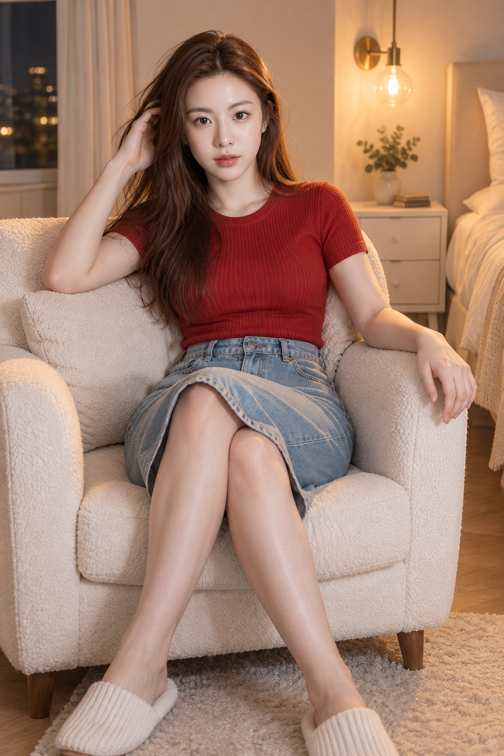 成年女性卧室白色扶手椅生活方式肖像 — AI image creation