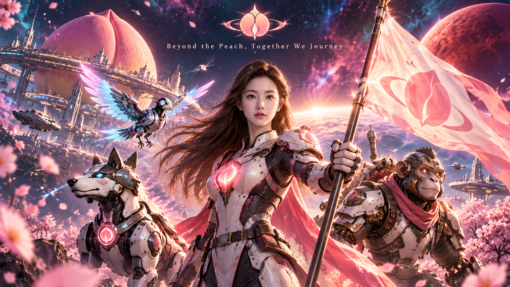 赛博科幻桃太郎主视觉插画 — AI image creation