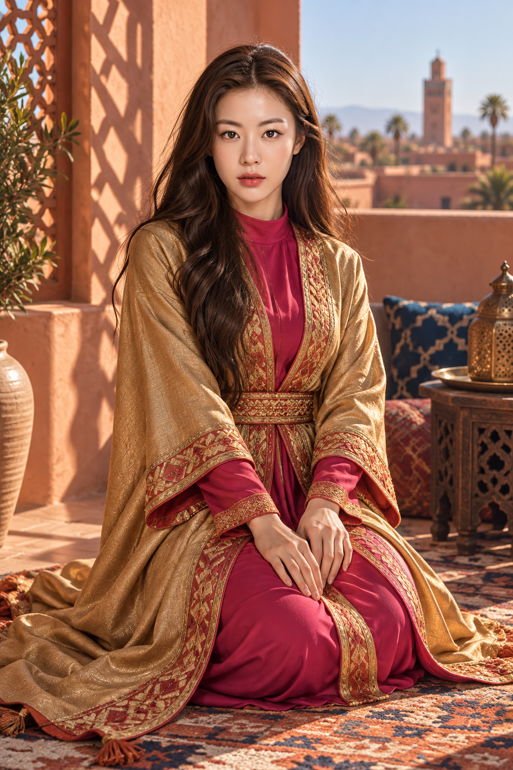 马拉喀什阳光露台上的北非风格成年女性高定肖像 — AI image creation