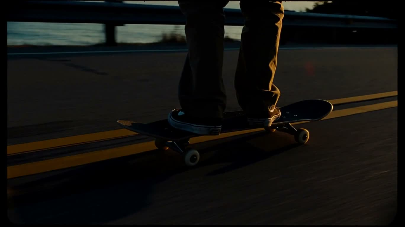 夕阳海岸公路滑板跃起 — AI video creation