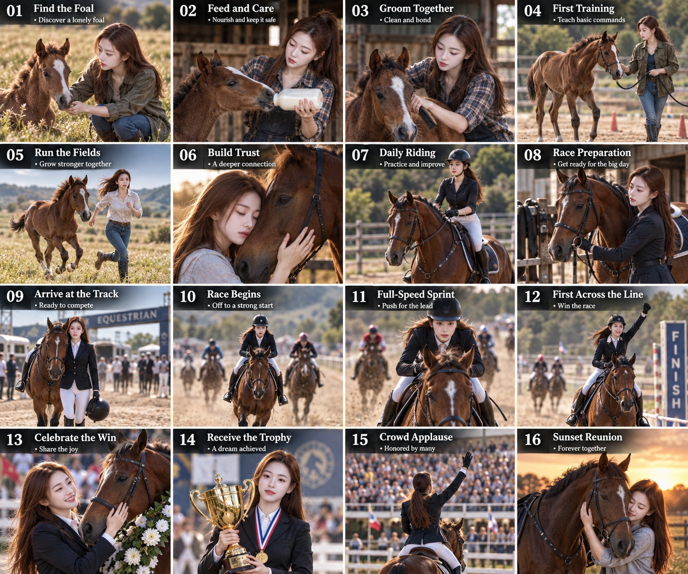 成年女性与赛马的十六格成长故事分镜 — AI image creation