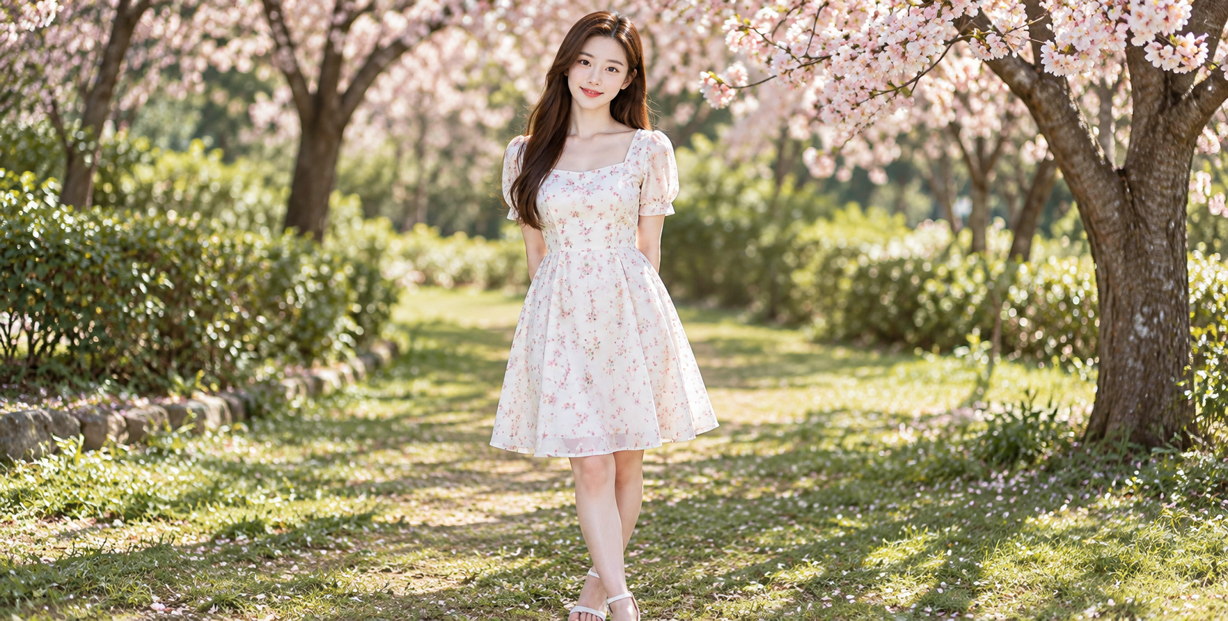 樱花公园里的白色碎花裙春日人像 — AI image creation