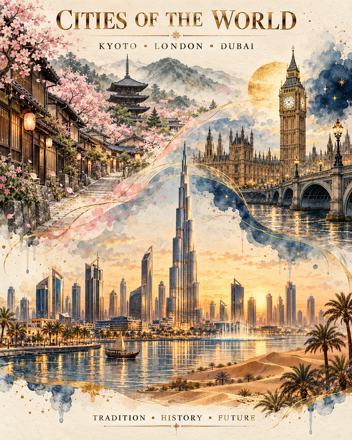 Áp phích du lịch màu nước: Kyoto, London, Dubai