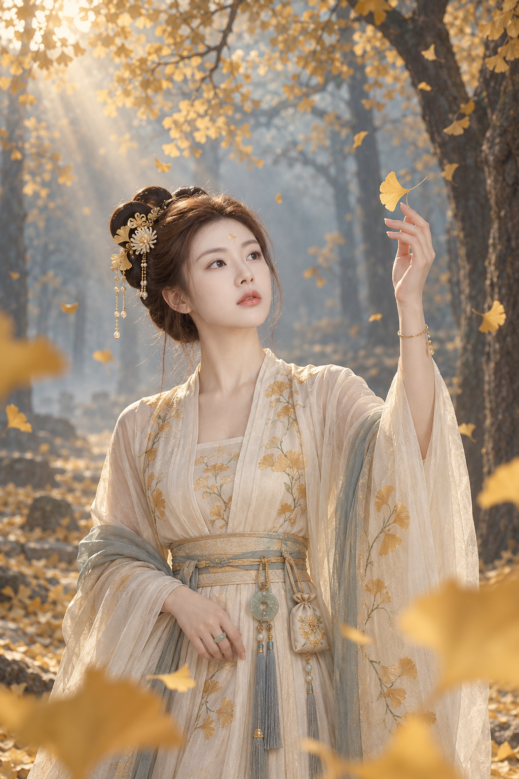 秋日银杏林中抬手接叶的成年宋风女性肖像