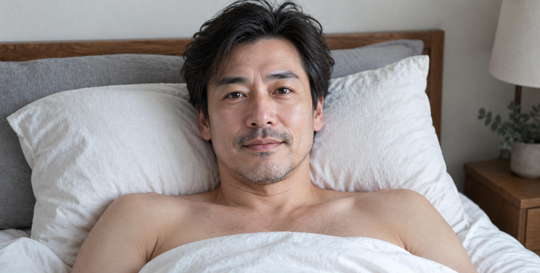 中年男子卧床正面特写镜头 — AI image creation