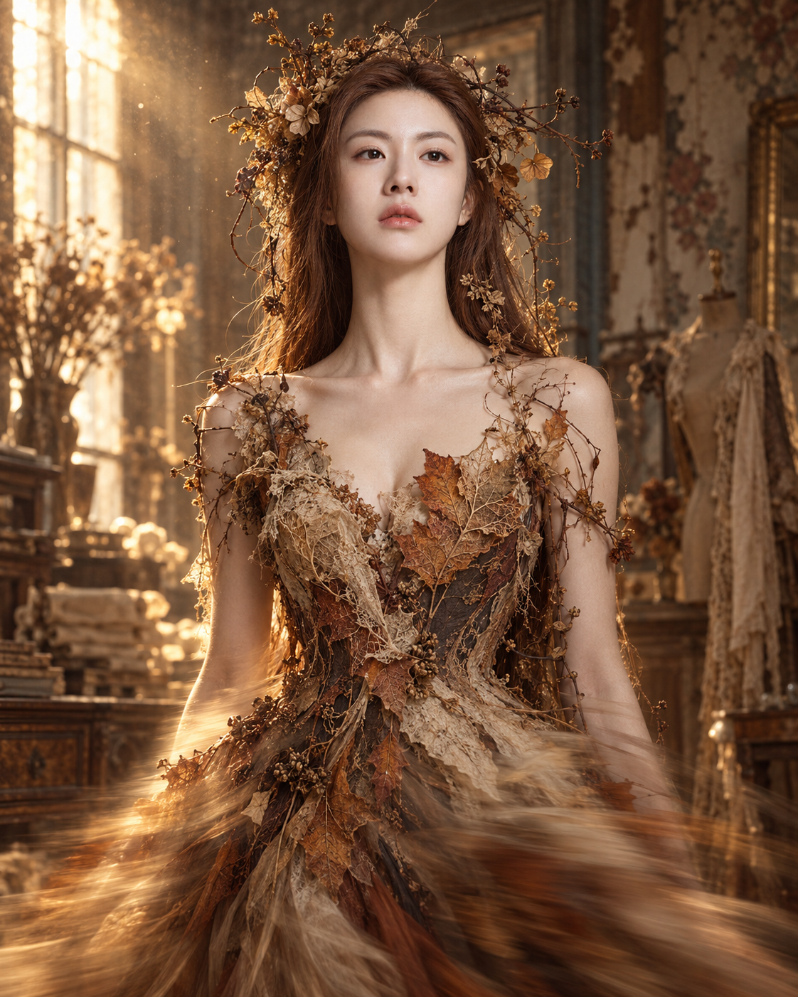 时间的肌理:枯叶蕾丝超现实肖像 — AI image creation