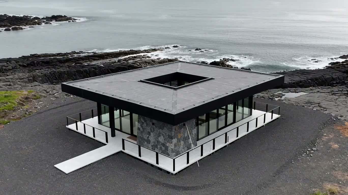 海岸亭屋施工与暮色亮灯 — AI video creation
