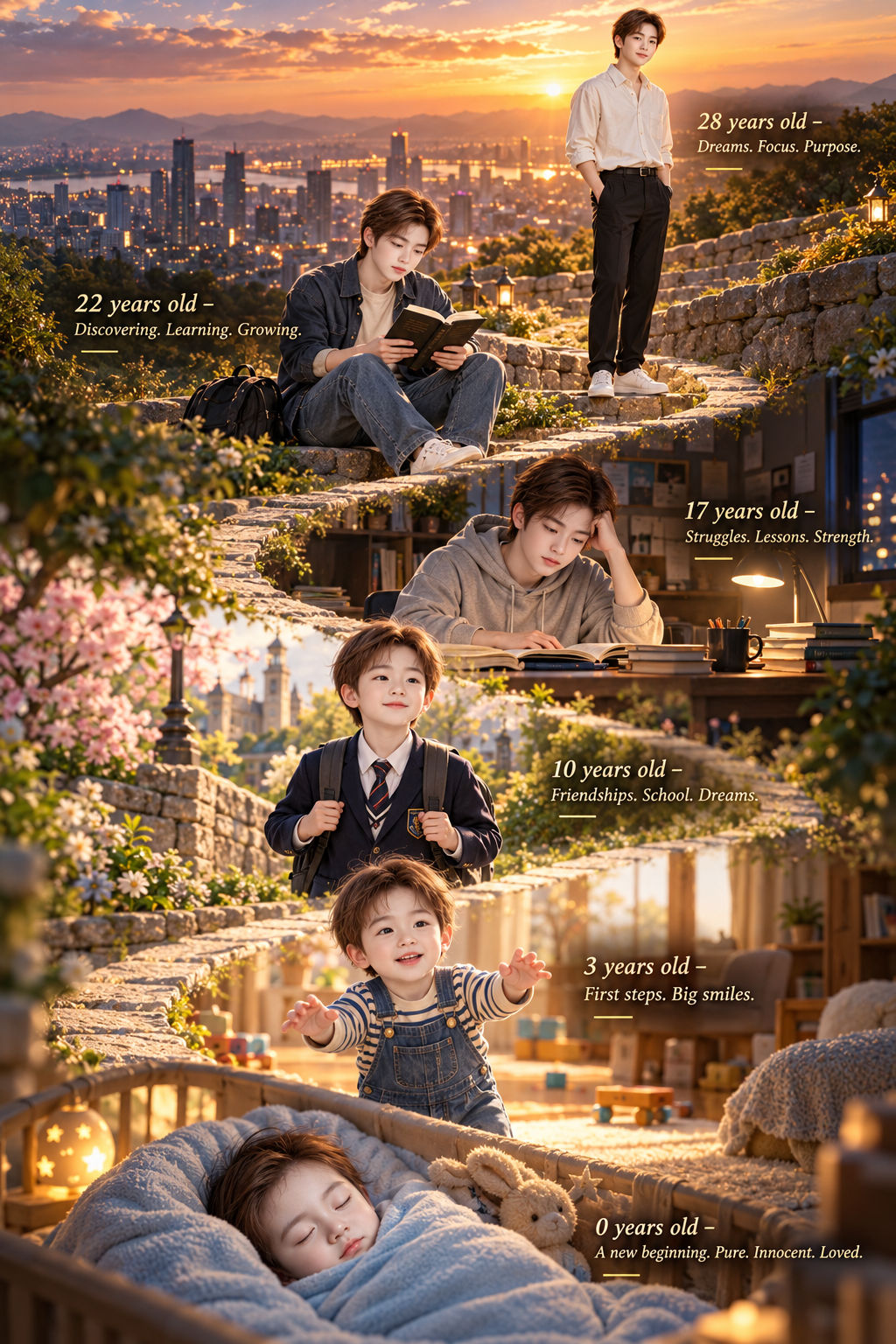 同一人物六阶段人生旅程海报 — AI image creation