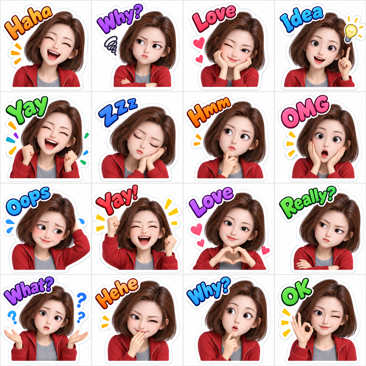 成年女性角色的16格3D卡通表情贴纸包 — AI image creation