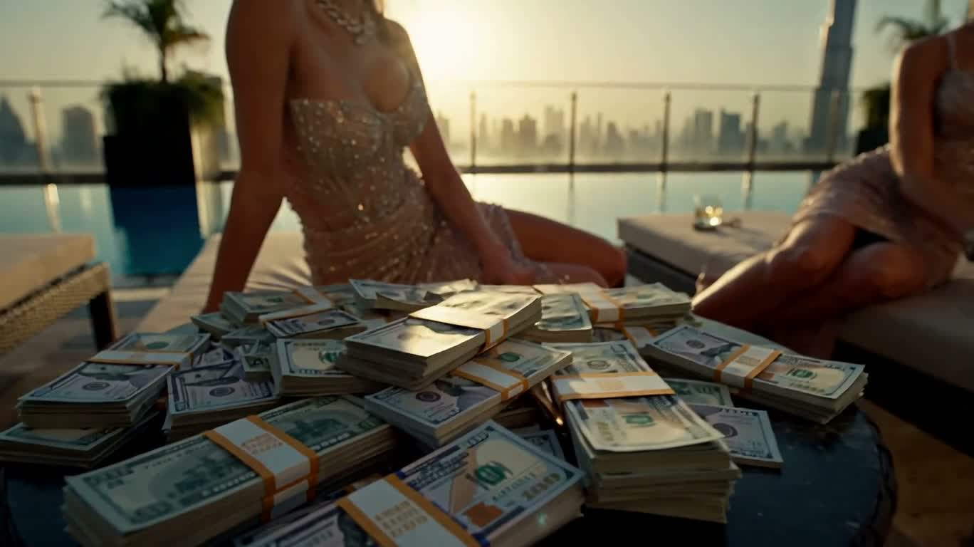Soirée luxueuse sur un toit à Dubaï au coucher du soleil — AI video creation