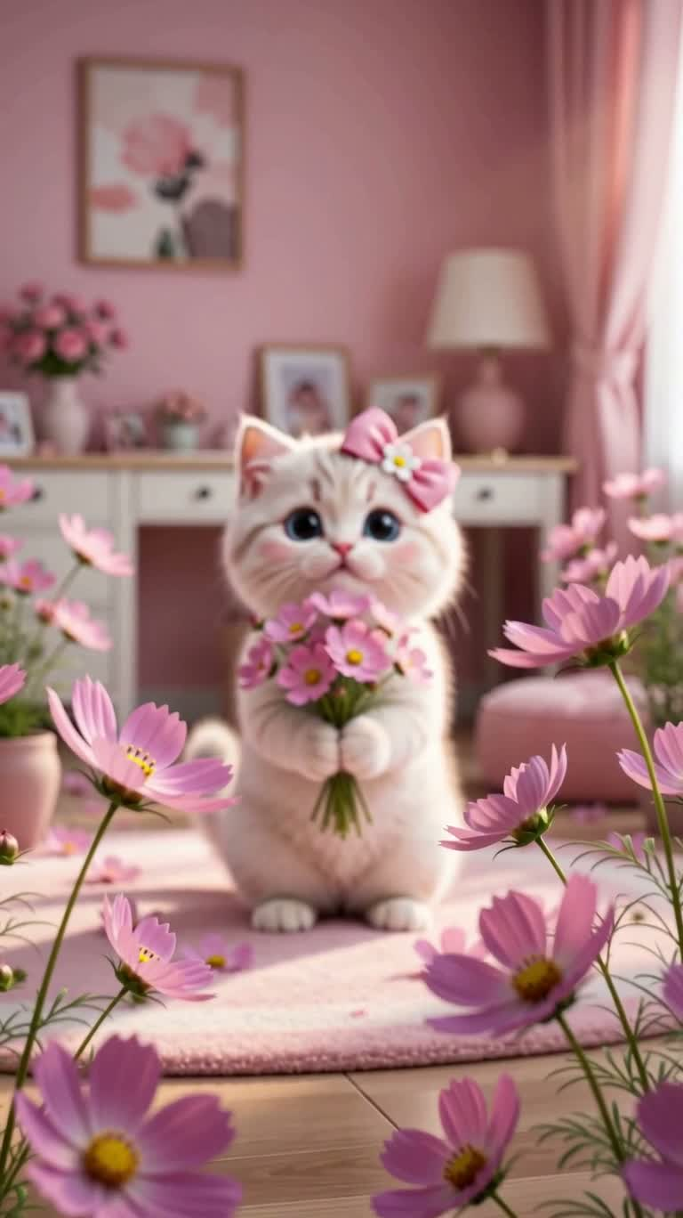 粉色花束小猫的梦幻特写