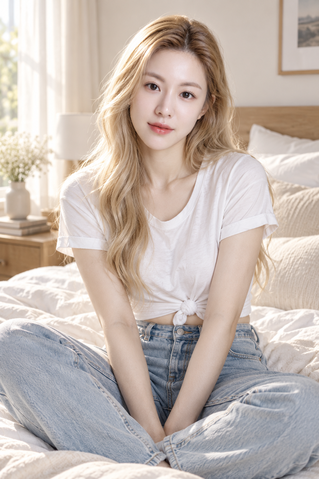 晨光卧室中的成年金发女性生活肖像 — AI image creation