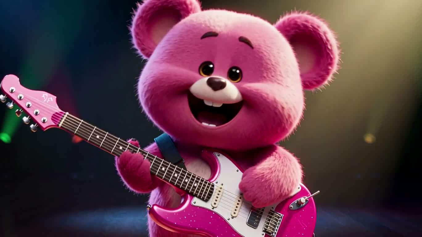 Buổi biểu diễn nhạc rock trên sân khấu của gấu hồng