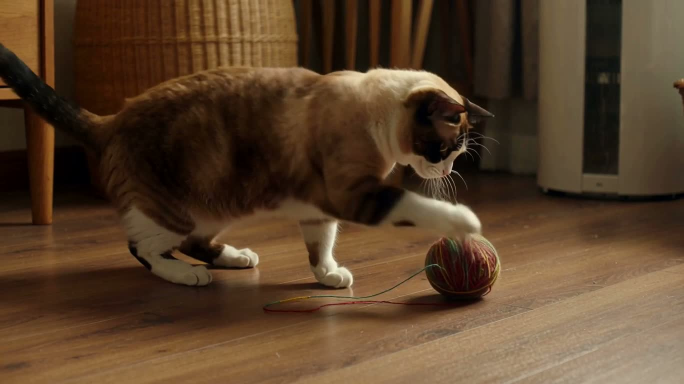 小猫玩毛线球后躺下休息