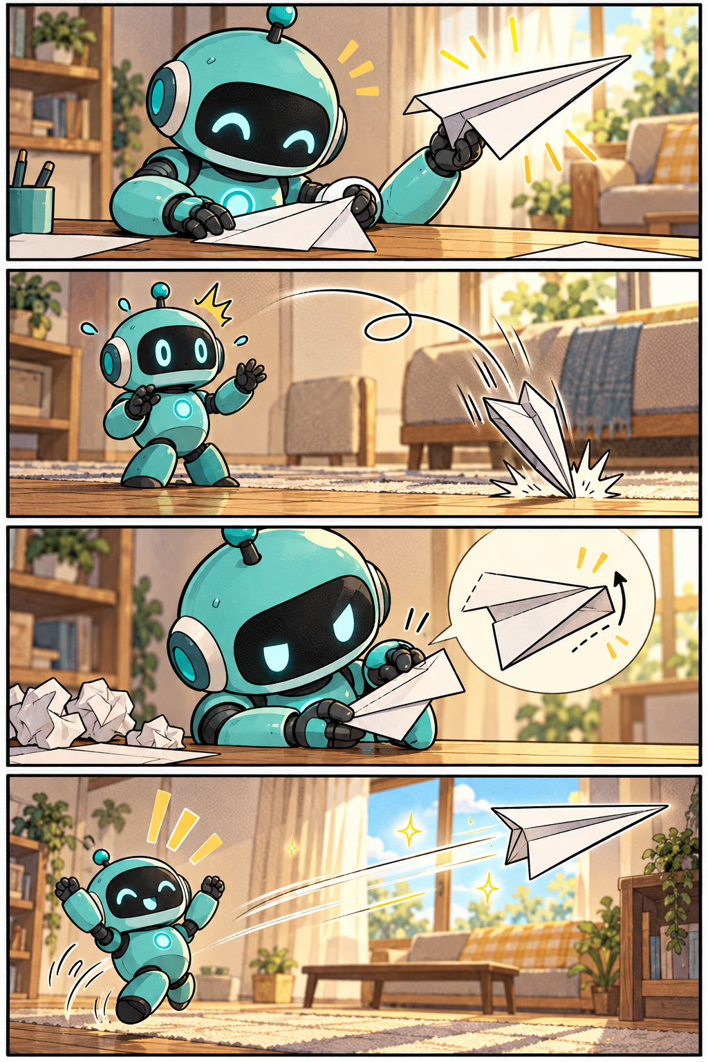 试错与成长:四格漫画故事 — AI image creation