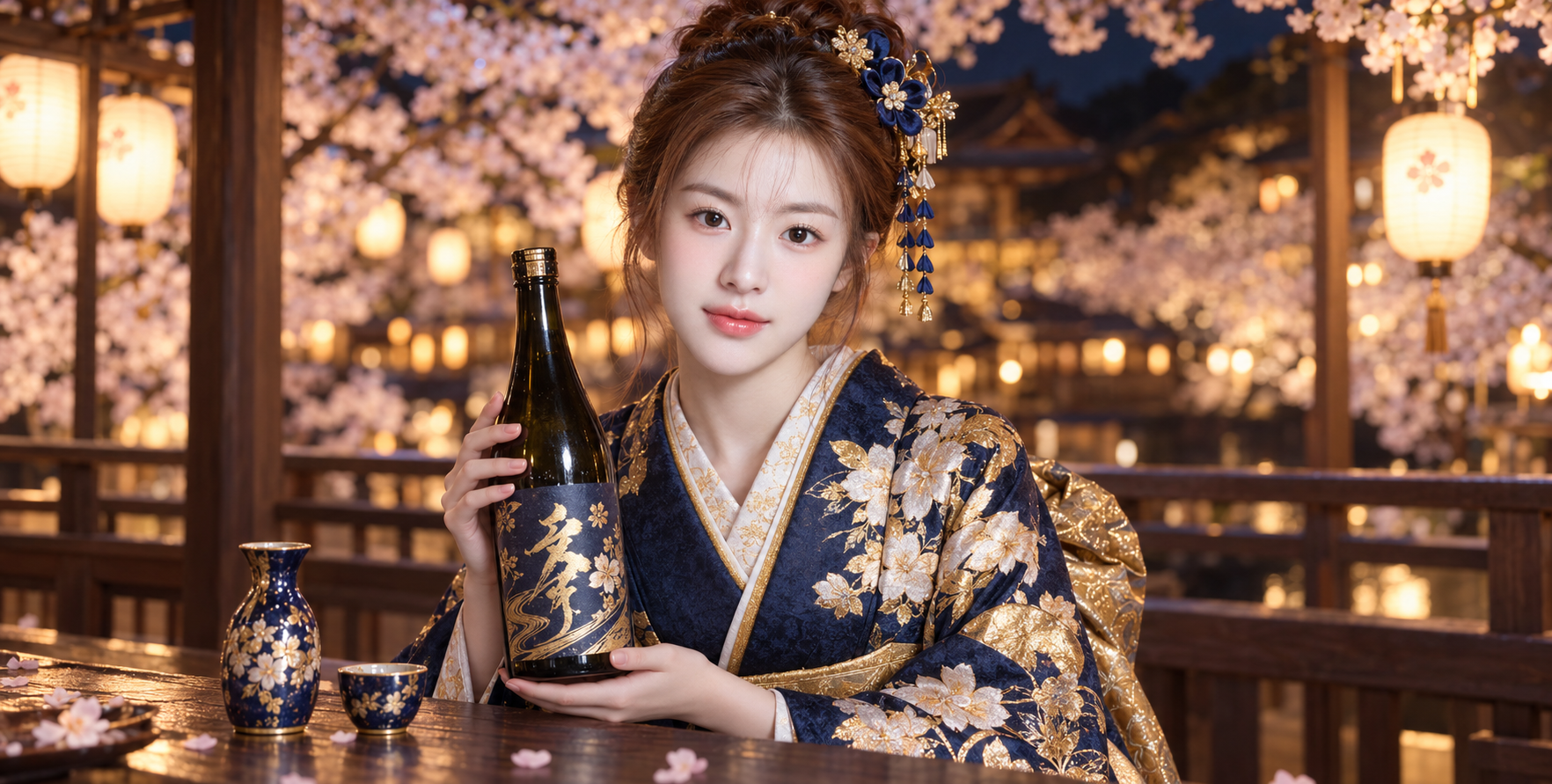 교토 밤 벚꽃 축제에서 사케를 든 기모노 여성 — AI image creation