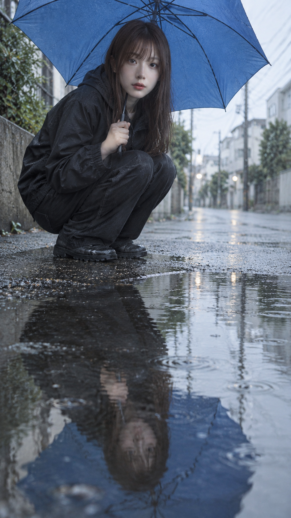 青い傘と雨の水たまりの反射に映る成人女性のヴィンテージデジタルスナップ