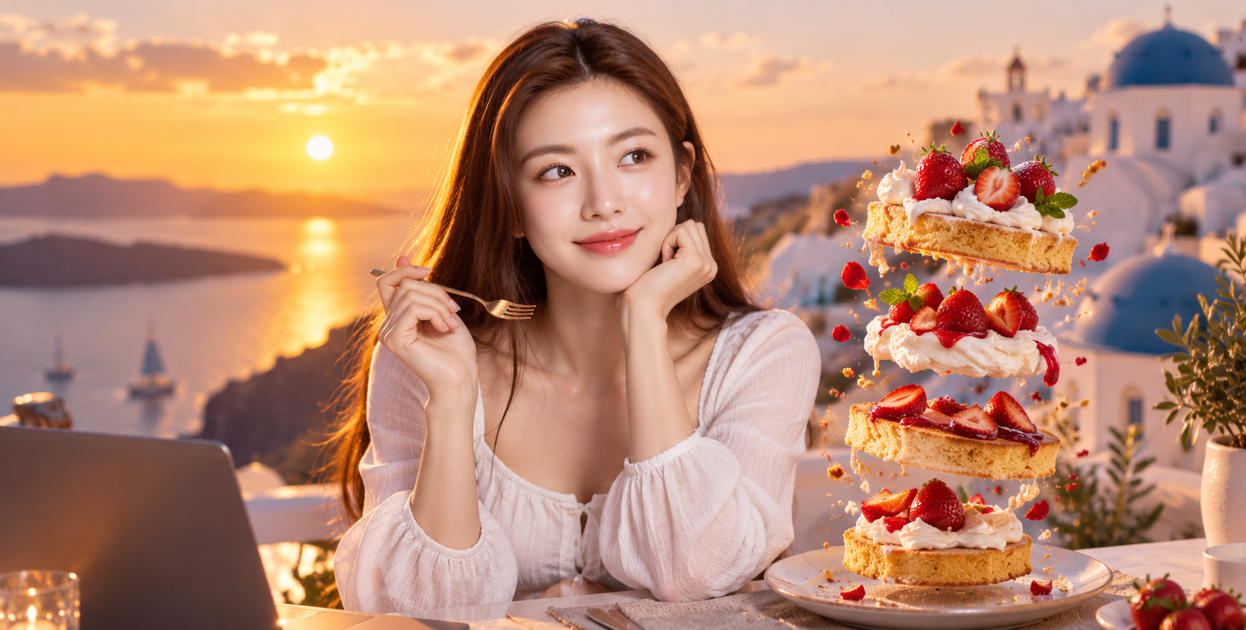 圣托里尼落日下的漂浮草莓蛋糕 — AI image creation