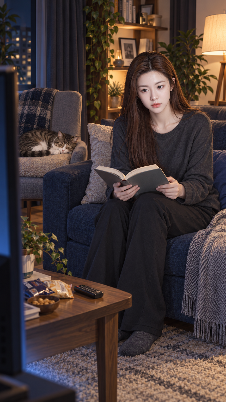 夜の温かいリビングにいる大人の女性と眠る猫