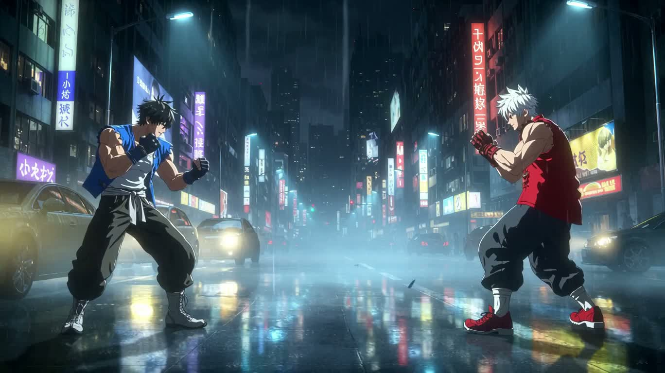 霓虹雨夜双雄激战 — AI video creation