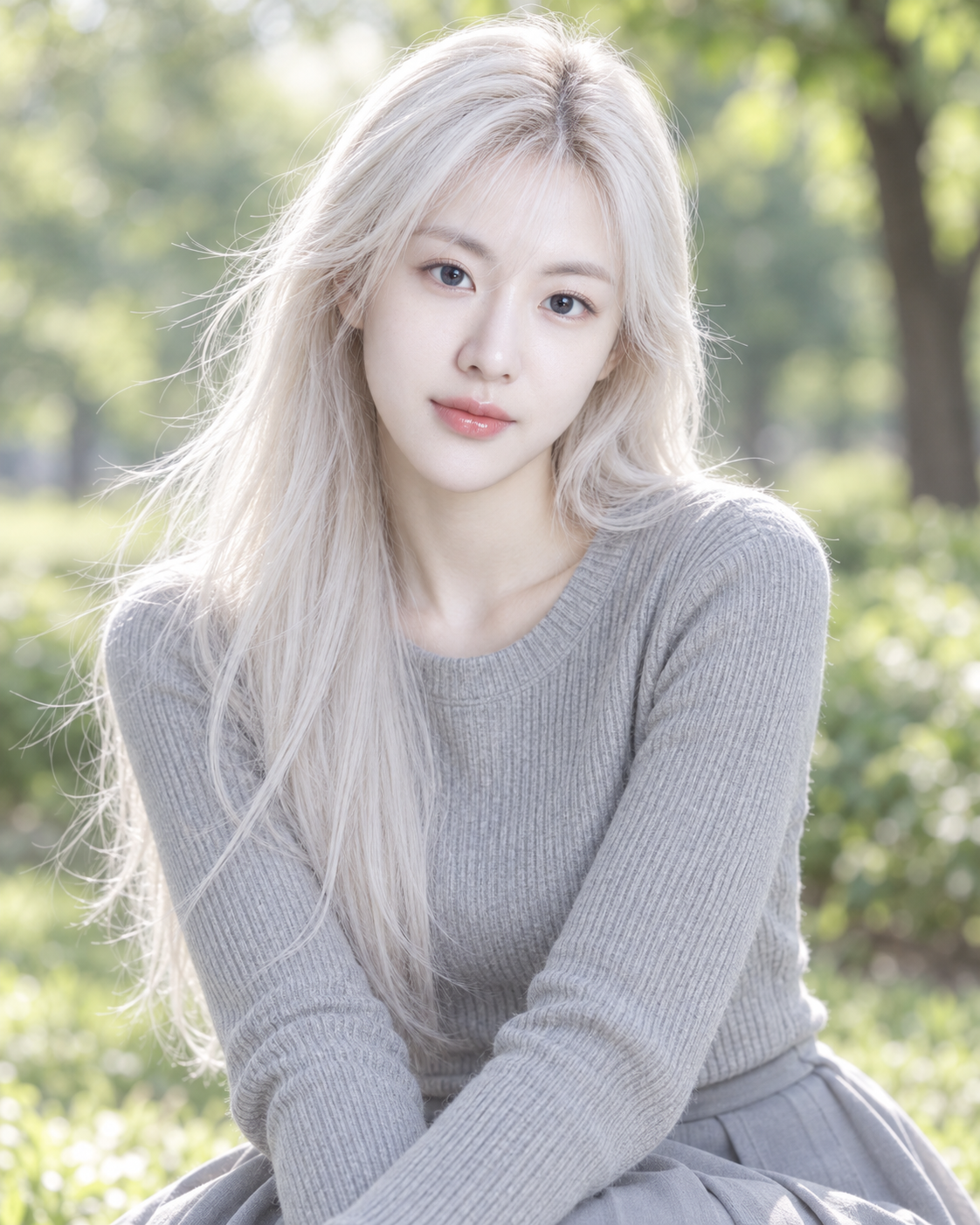 白发成年女性柔焦针织时尚肖像 — AI image creation