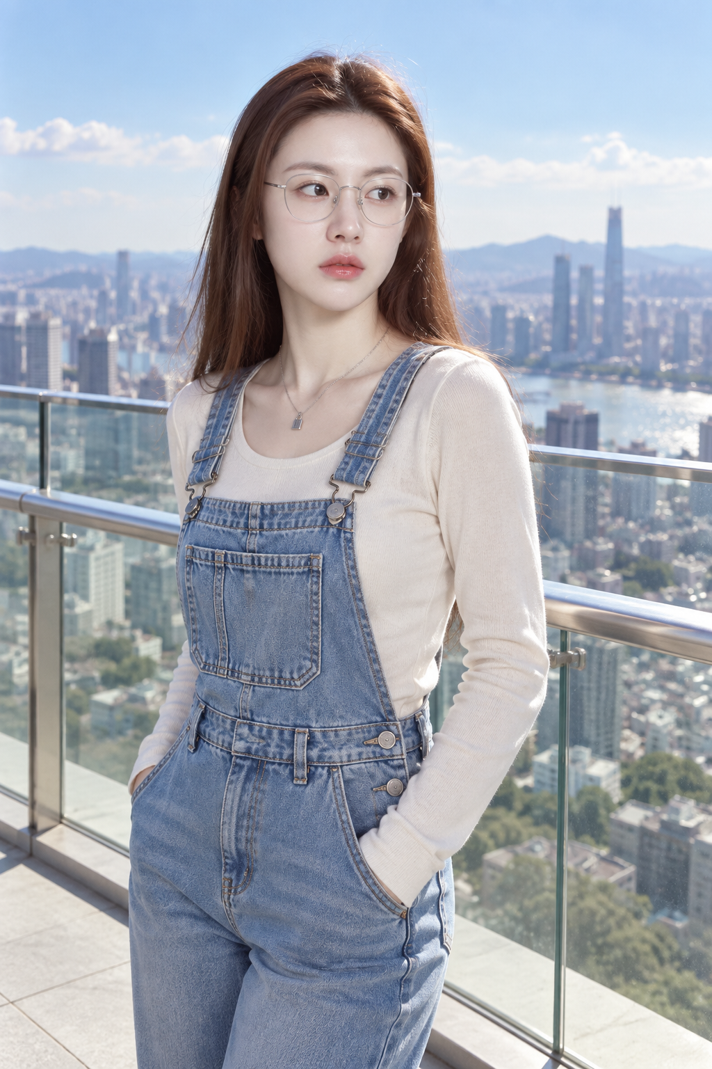 安全观景露台牛仔背带裤城市人像 — AI image creation