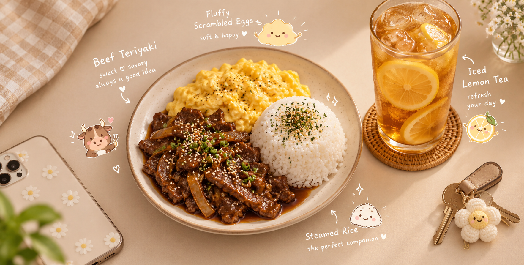 俯视温馨照烧牛肉舒适餐点摄影 — AI image creation