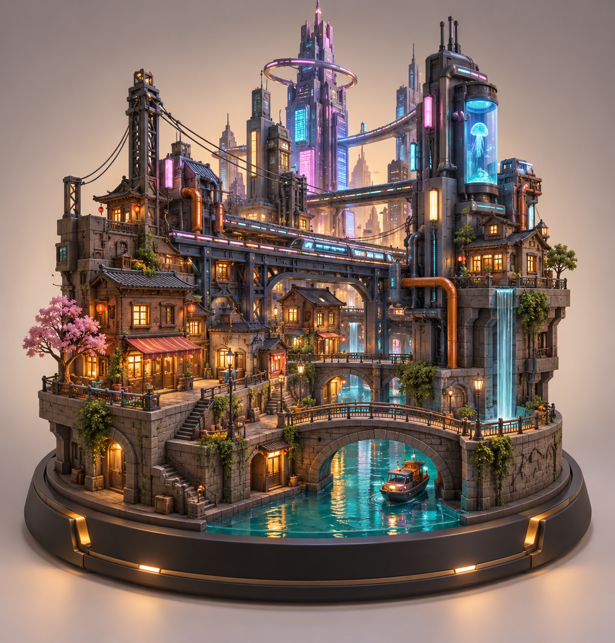 历史街区与霓虹高楼赛博朋克微缩模型 — AI image creation